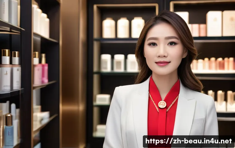 뷰티컨설턴트 자격증 활용 사례 연구 - A professional beauty consultant wearing elegant, modern business attire and a visible certification...