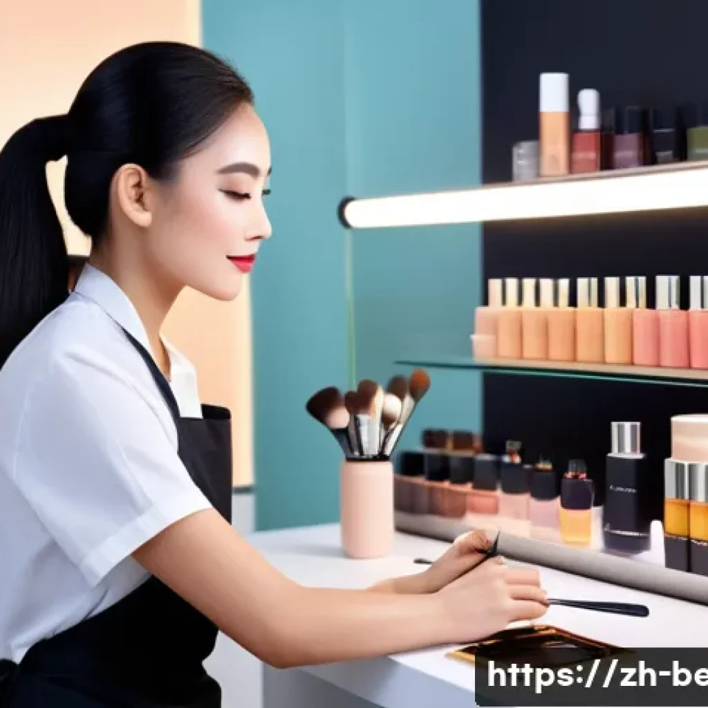 뷰티컨설턴트 주요 자격증 목록 - A professional makeup consultant in a modern beauty salon setting, wearing stylish professional atti...