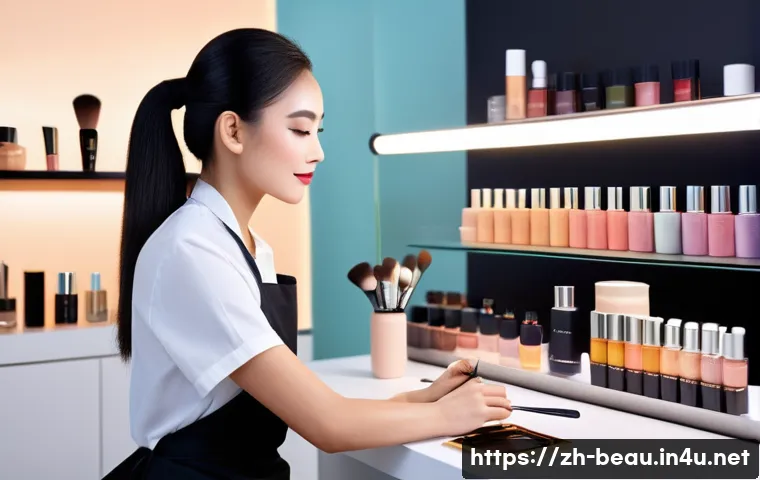 뷰티컨설턴트 주요 자격증 목록 - A professional makeup consultant in a modern beauty salon setting, wearing stylish professional atti...