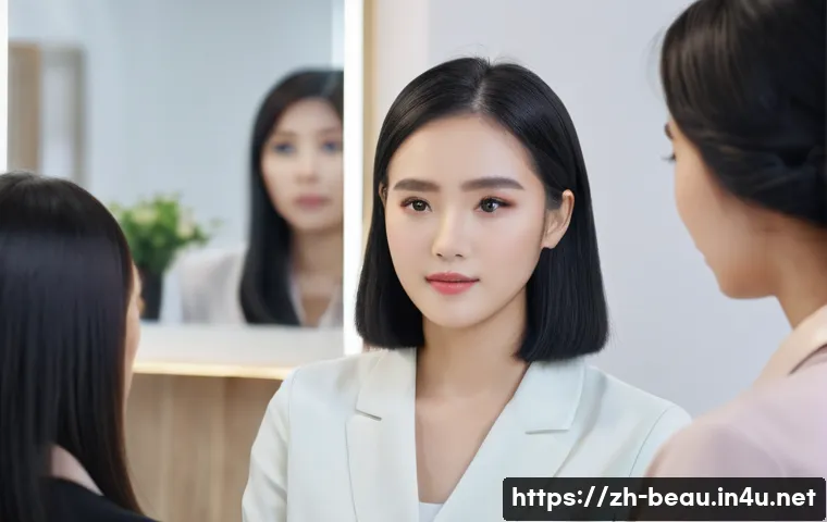 뷰티컨설턴트 헤어 상담 기법 - A professional beauty consultant attentively listening to a young Chinese woman client with medium-l...