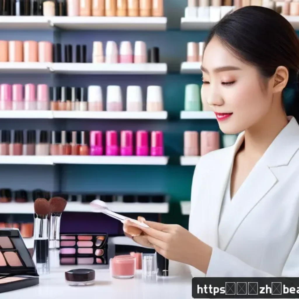 뷰티컨설턴트 커리어 빌딩 사례 - A professional Chinese beauty consultant in a modern makeup studio, carefully analyzing and explaini...