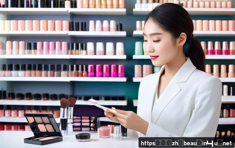 뷰티컨설턴트 커리어 빌딩 사례 - A professional Chinese beauty consultant in a modern makeup studio, carefully analyzing and explaini...