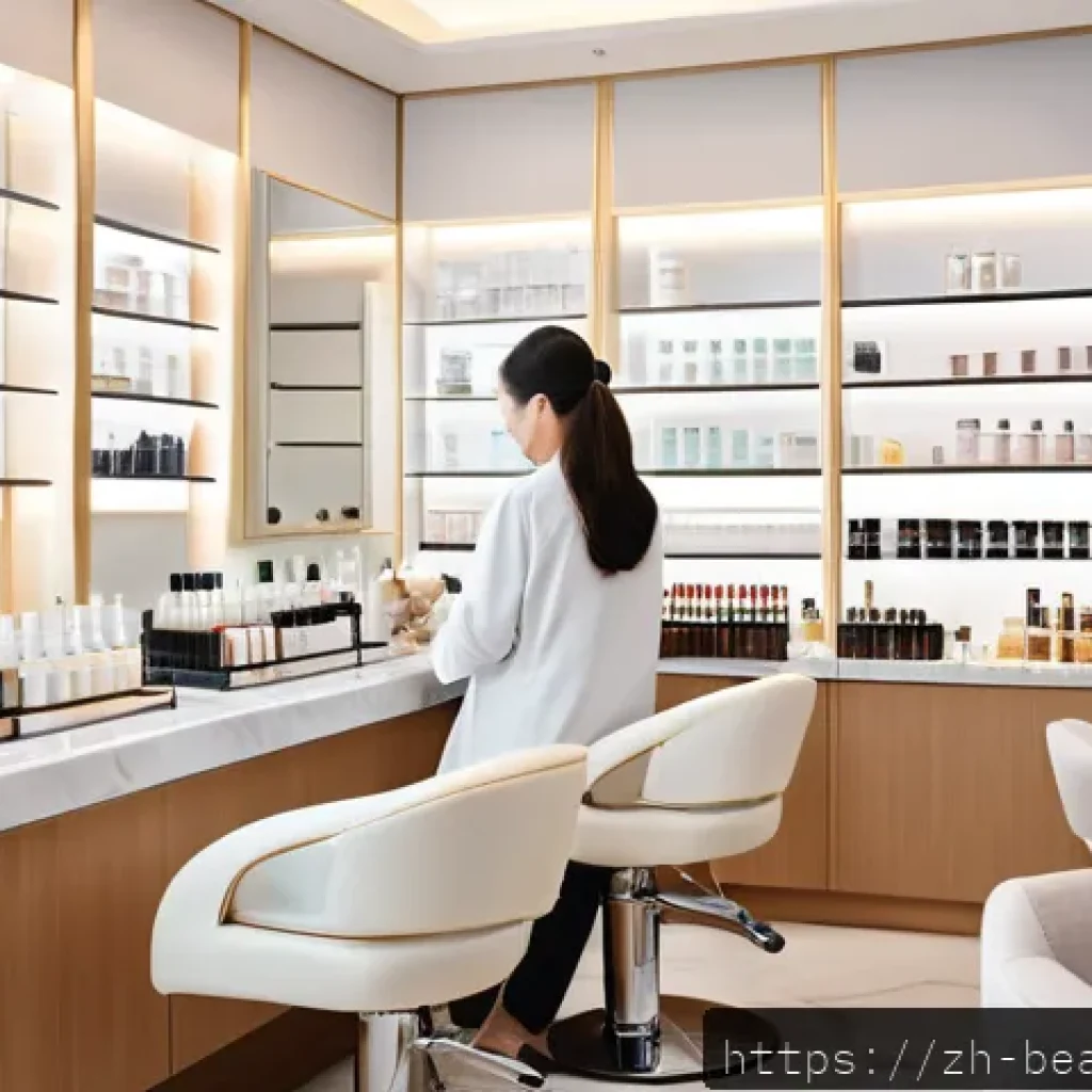 뷰티컨설턴트 국제 자격증 소개 - A modern high-end beauty salon interior with a professional female beauty consultant demonstrating a...