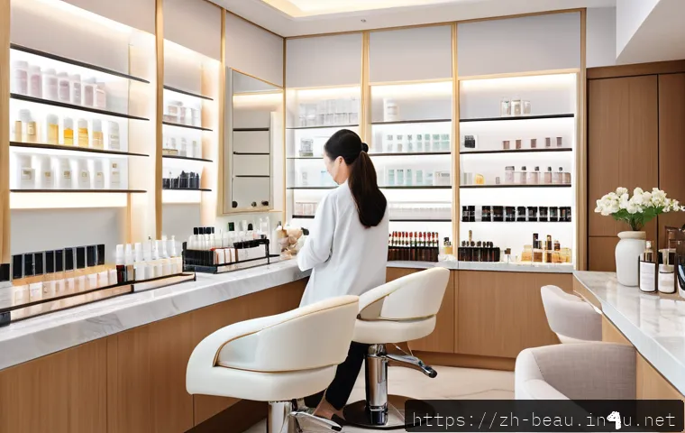 뷰티컨설턴트 국제 자격증 소개 - A modern high-end beauty salon interior with a professional female beauty consultant demonstrating a...