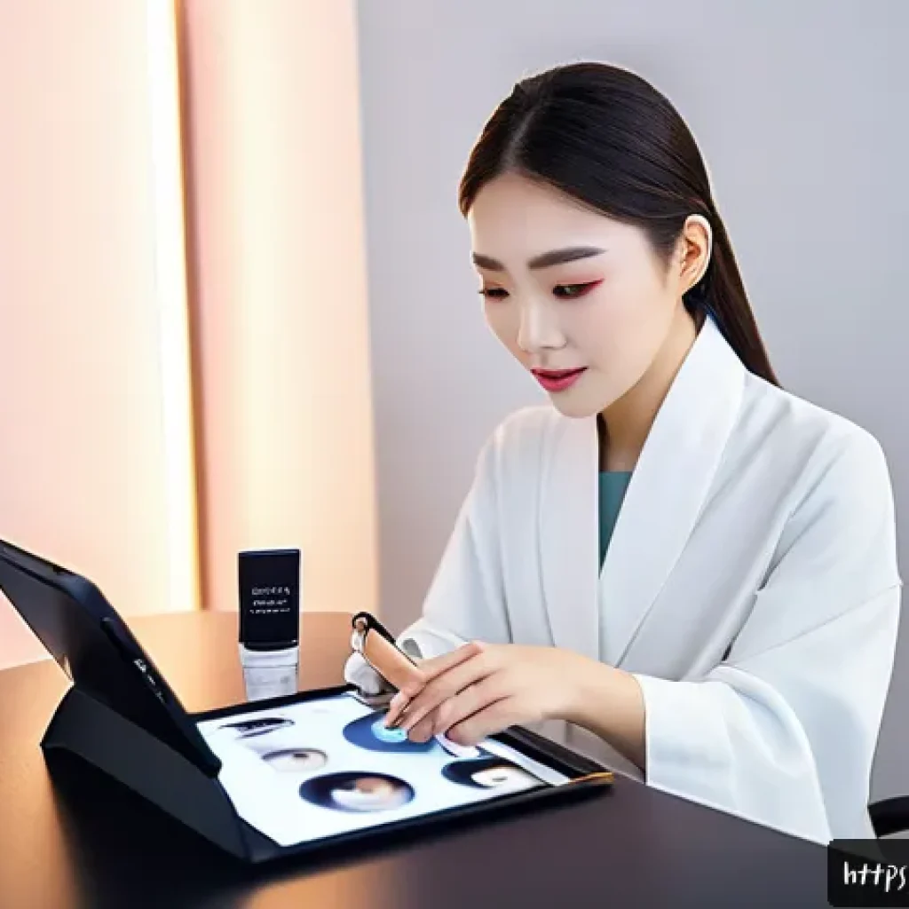뷰티컨설턴트 주요 고객 사례 분석 - A professional makeup consultant carefully analyzing a young Chinese woman&rsquo;s skin using advanced dig...