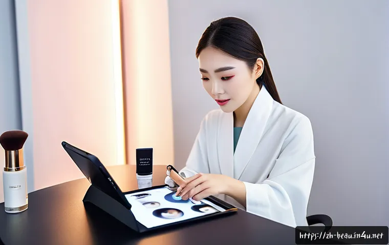 뷰티컨설턴트 주요 고객 사례 분석 - A professional makeup consultant carefully analyzing a young Chinese woman&rsquo;s skin using advanced dig...