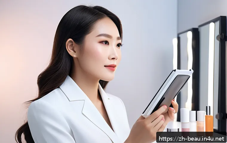 뷰티컨설턴트 학습 전략 추천 - A modern beauty consultant in a sleek, professional makeup studio, attentively listening to a female...