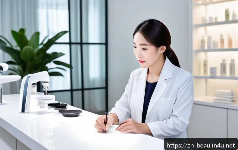 뷰티컨설턴트 직무별 연봉 차이 - A professional senior skincare expert in a modern, sleek beauty clinic environment, wearing stylish ...