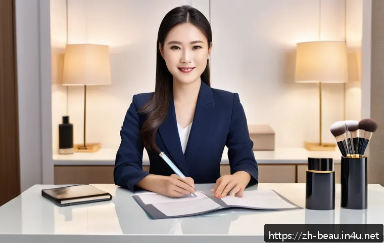 뷰티컨설턴트 연봉 협상 준비 과정 - A confident Asian female beauty consultant in a modern salon setting, dressed professionally in styl...