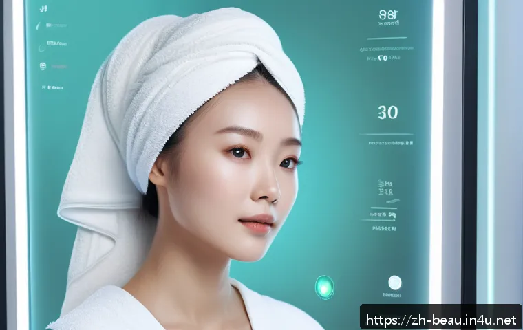 뷰티컨설턴트 AI 기술 활용 - A high-tech skincare clinic scene featuring a young Chinese woman having her face scanned by an AI-p...