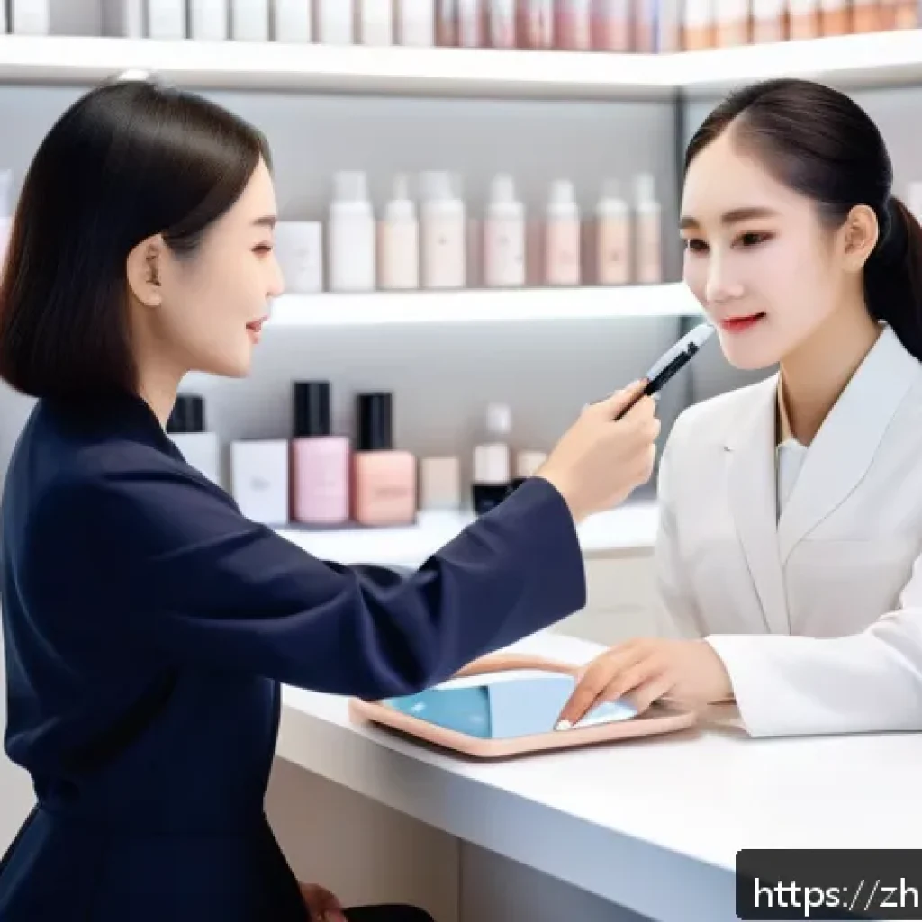뷰티컨설턴트 학습 활동 공유 - A professional beauty consultant in a modern, stylish makeup studio carefully analyzing a female cli...
