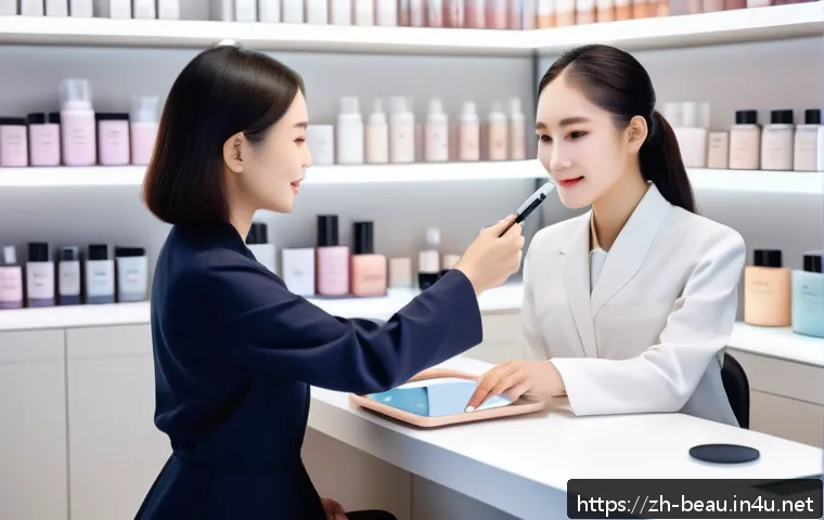 뷰티컨설턴트 학습 활동 공유 - A professional beauty consultant in a modern, stylish makeup studio carefully analyzing a female cli...