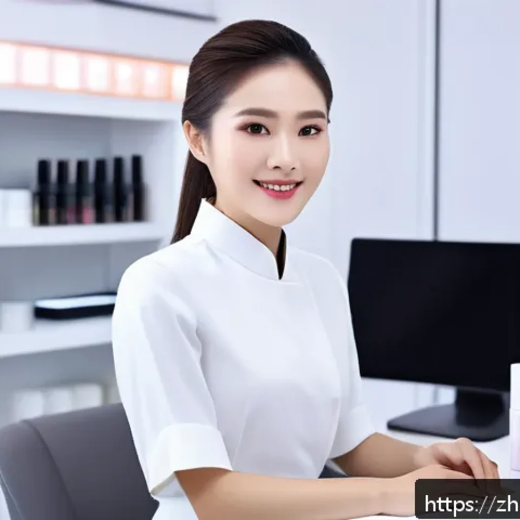 뷰티컨설턴트 이직 후 만족도 - A confident young female beauty consultant in her mid-20s, wearing stylish professional attire with ...
