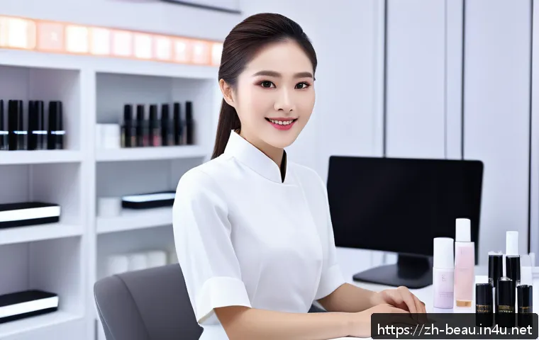 뷰티컨설턴트 이직 후 만족도 - A confident young female beauty consultant in her mid-20s, wearing stylish professional attire with ...