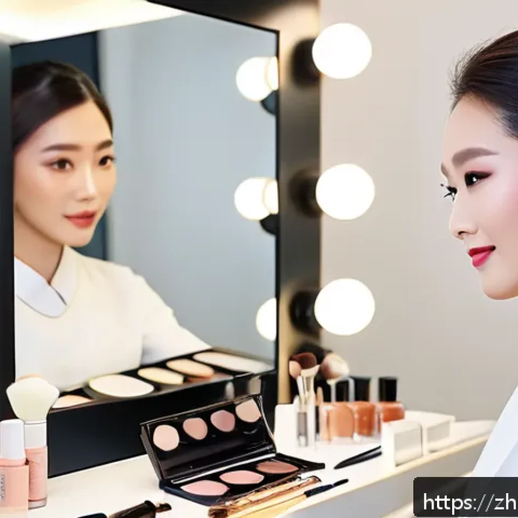 뷰티컨설턴트 목표 설정법 - A modern Chinese beauty consultant in a stylish makeup studio, practicing natural makeup techniques ...