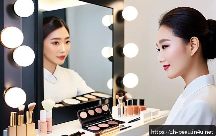 뷰티컨설턴트 목표 설정법 - A modern Chinese beauty consultant in a stylish makeup studio, practicing natural makeup techniques ...