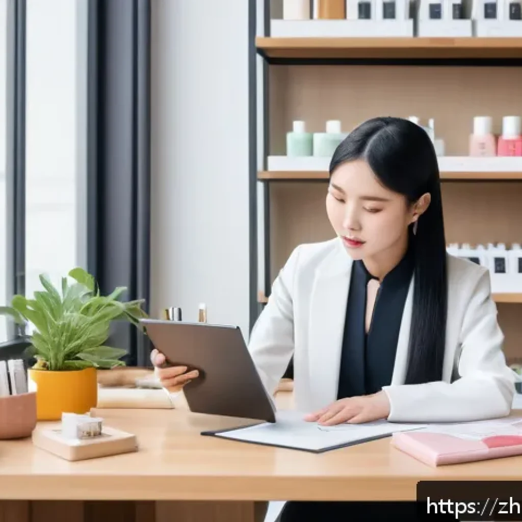 뷰티컨설턴트 자격증 신청 절차 - A modern beauty consultant classroom setting in China, showing a young female student with neatly st...