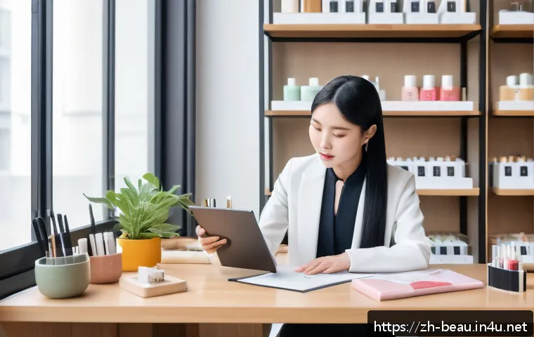 뷰티컨설턴트 자격증 신청 절차 - A modern beauty consultant classroom setting in China, showing a young female student with neatly st...