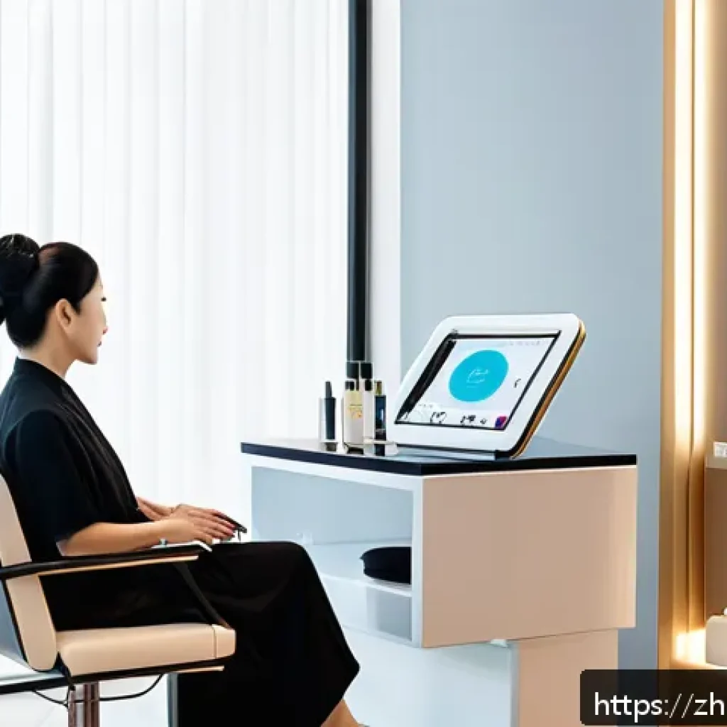 뷰티컨설턴트 고객 니즈 파악법 - A modern beauty salon interior scene featuring a professional female beauty consultant attentively l...