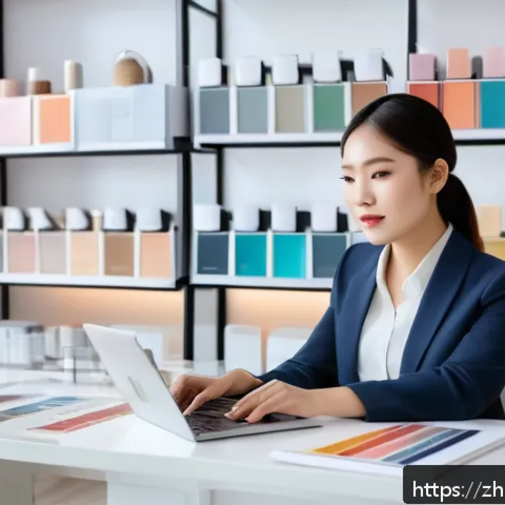 뷰티컨설턴트 커리어 전환 꿀팁 - A modern professional female beauty consultant wearing stylish business attire and subtle makeup, si...