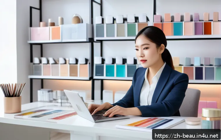 뷰티컨설턴트 커리어 전환 꿀팁 - A modern professional female beauty consultant wearing stylish business attire and subtle makeup, si...