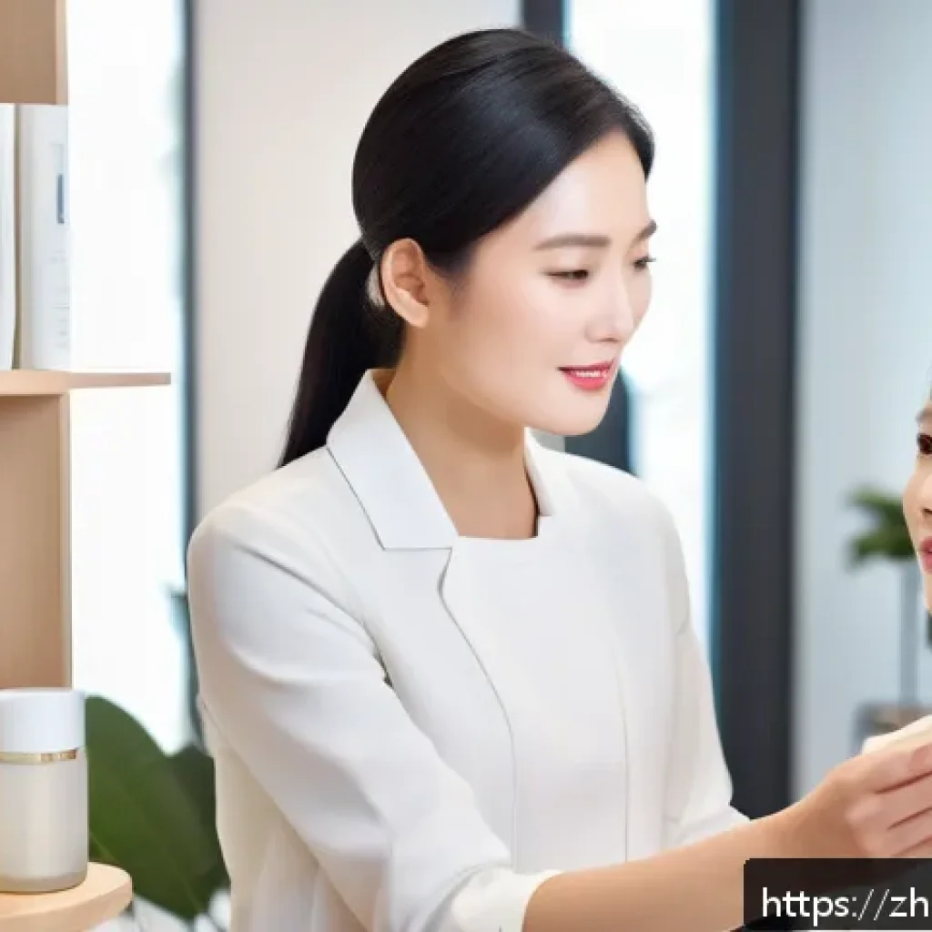 뷰티컨설턴트 조직 내 평가 기준 - A professional beauty consultant attentively listening to a middle-aged Chinese female client in a m...