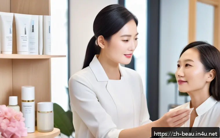 뷰티컨설턴트 조직 내 평가 기준 - A professional beauty consultant attentively listening to a middle-aged Chinese female client in a m...