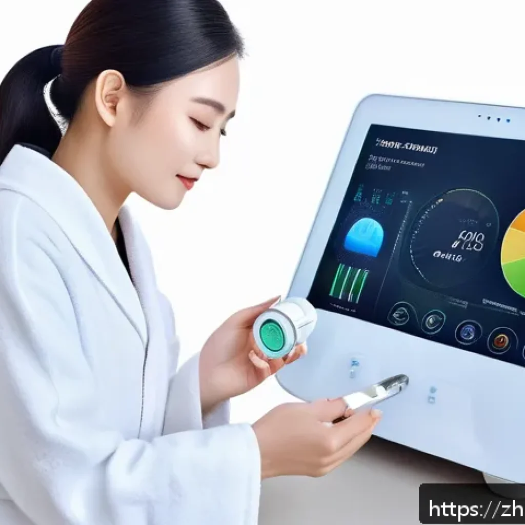 뷰티컨설턴트 관련 데이터 활용 사례 - A modern skincare consultation scene featuring a professional beauty advisor using a sleek, multi-fu...