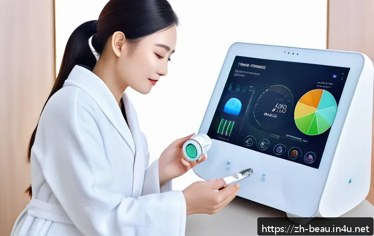 뷰티컨설턴트 관련 데이터 활용 사례 - A modern skincare consultation scene featuring a professional beauty advisor using a sleek, multi-fu...