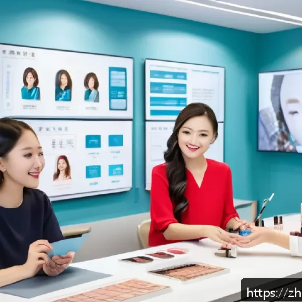 뷰티컨설턴트 전문 강의 신청 후기 - A modern beauty consultant classroom scene featuring diverse adult students attentively learning ski...