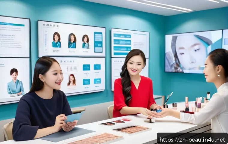 뷰티컨설턴트 전문 강의 신청 후기 - A modern beauty consultant classroom scene featuring diverse adult students attentively learning ski...