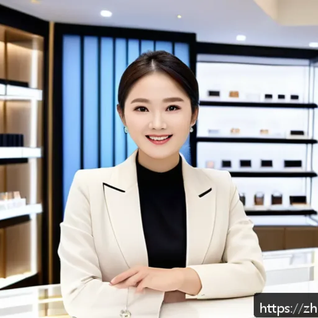 뷰티컨설턴트 해외 취업 기회 - A professional overseas beauty consultant standing confidently in a sleek, modern luxury cosmetics s...