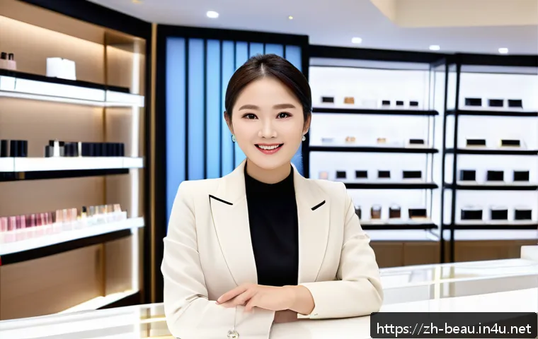 뷰티컨설턴트 해외 취업 기회 - A professional overseas beauty consultant standing confidently in a sleek, modern luxury cosmetics s...