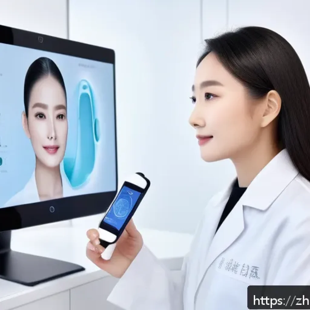뷰티컨설턴트 최신 서비스 트렌드 - A modern beauty consultant using a high-tech intelligent skin analysis device in a sleek, clean skin...
