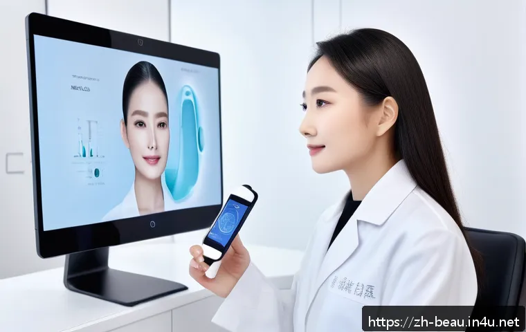 뷰티컨설턴트 최신 서비스 트렌드 - A modern beauty consultant using a high-tech intelligent skin analysis device in a sleek, clean skin...