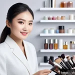 뷰티컨설턴트 취업 성공기 공유 - A confident professional beauty consultant in a modern studio setting, wearing elegant business atti...