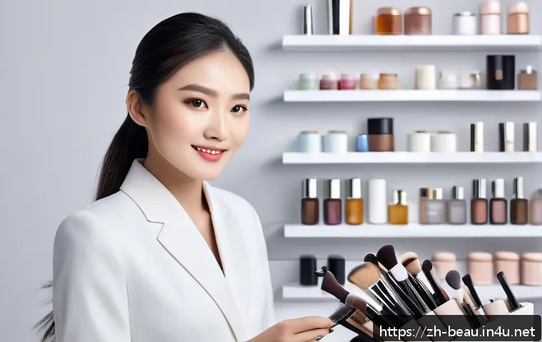 뷰티컨설턴트 취업 성공기 공유 - A confident professional beauty consultant in a modern studio setting, wearing elegant business atti...