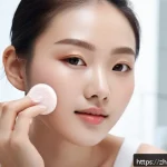 뷰티컨설턴트 후기 작성법 - A close-up scene of a young Chinese woman applying lightweight foundation in a modern, bright bathro...