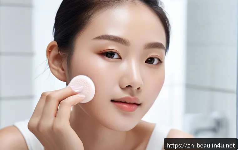 뷰티컨설턴트 후기 작성법 - A close-up scene of a young Chinese woman applying lightweight foundation in a modern, bright bathro...
