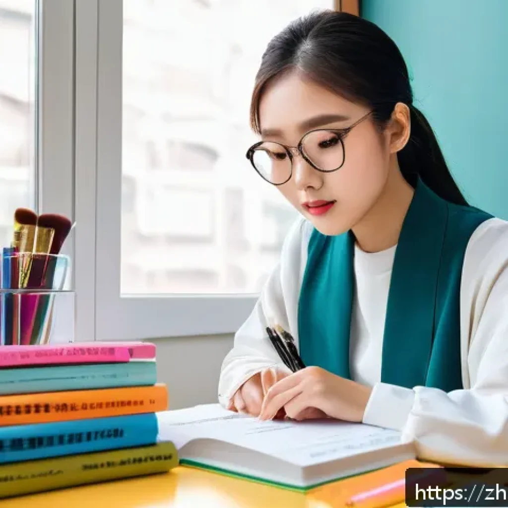 뷰티컨설턴트 자격시험 준비 자료 - A modern study desk scene featuring a young Chinese woman preparing for a beauty consultant exam, su...