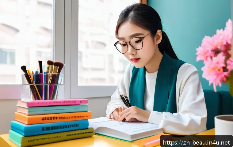 뷰티컨설턴트 자격시험 준비 자료 - A modern study desk scene featuring a young Chinese woman preparing for a beauty consultant exam, su...