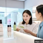 뷰티컨설턴트 경력 쌓는 팁 - A professional female beauty consultant in a modern skincare store, attentively listening and commun...