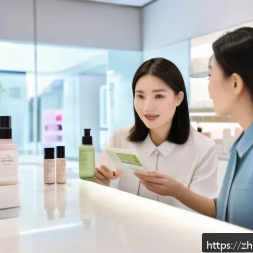 뷰티컨설턴트 경력 쌓는 팁 - A professional female beauty consultant in a modern skincare store, attentively listening and commun...