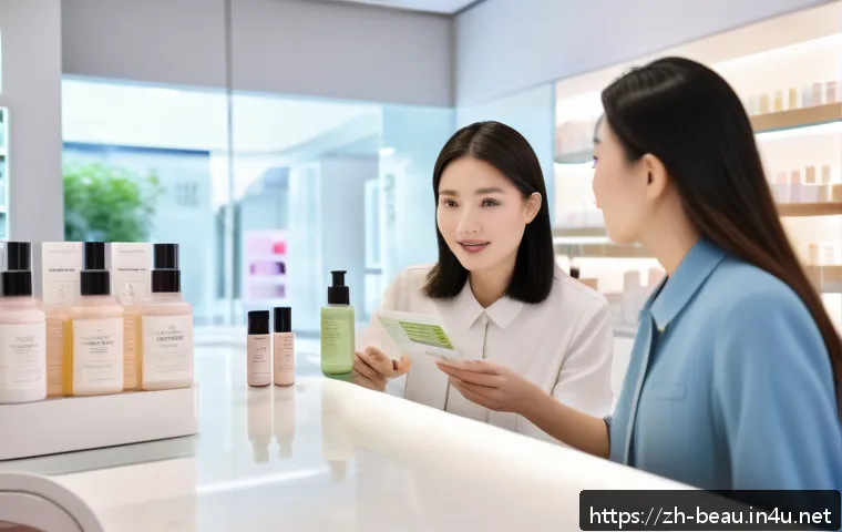 뷰티컨설턴트 경력 쌓는 팁 - A professional female beauty consultant in a modern skincare store, attentively listening and commun...