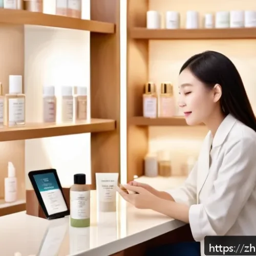 뷰티컨설턴트 고객 유지 전략 - A modern skincare consultation scene in a stylish beauty salon, featuring a professional beautician ...