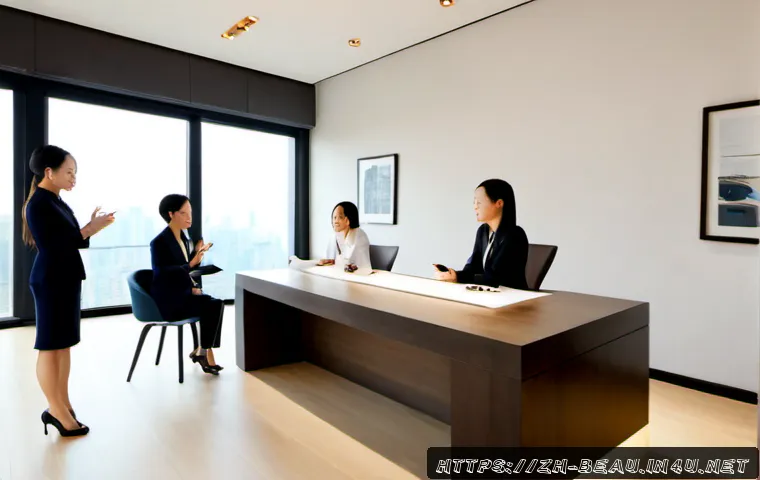 뷰티컨설턴트 리더십 역량 강화 - Photorealistic leadership coaching session in an elegant modern beauty studio, confident female beau...