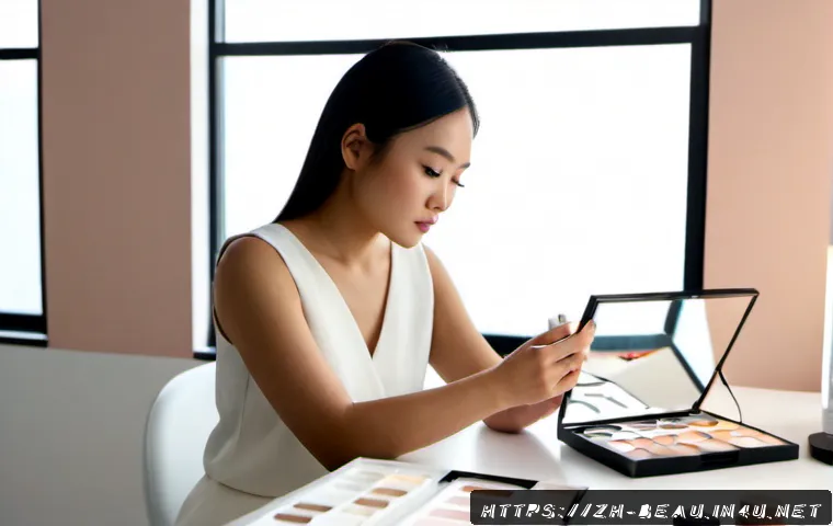 뷰티컨설턴트 실패 사례와 교훈 - Photorealistic beauty consultant at a clean studio desk, thoughtfully reviewing several mismatched c...