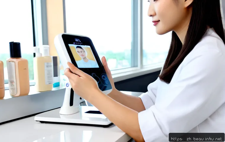 뷰티컨설턴트 실무 스킬 향상 - Photorealistic beauty consultant in a bright modern skincare studio, carefully using a handheld skin...