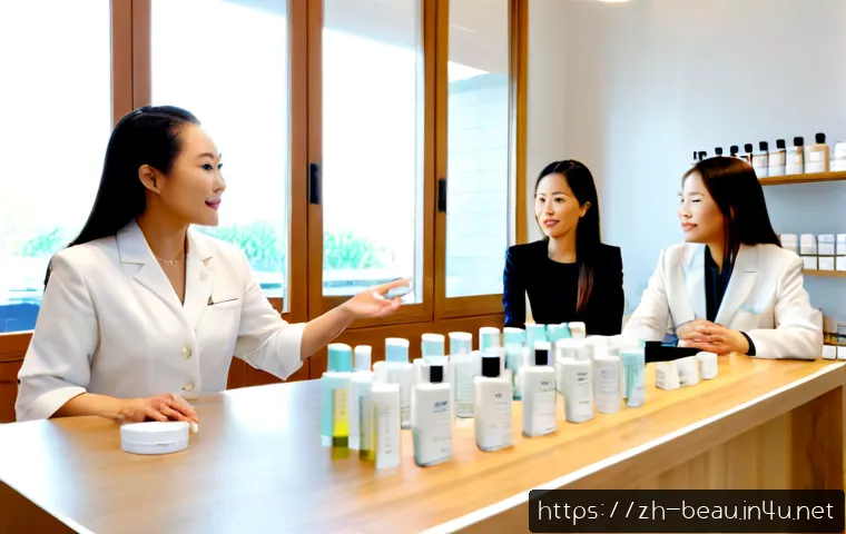 뷰티컨설턴트 조직 내 주요 역할 - Photorealistic beauty consultant leading a small team meeting in a bright modern cosmetics boutique,...
