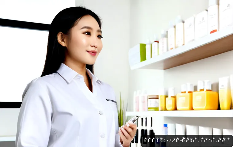 뷰티컨설턴트 조직 내 성장 가능성 - Photorealistic beauty consultant in a polished professional uniform presenting skincare products to ...